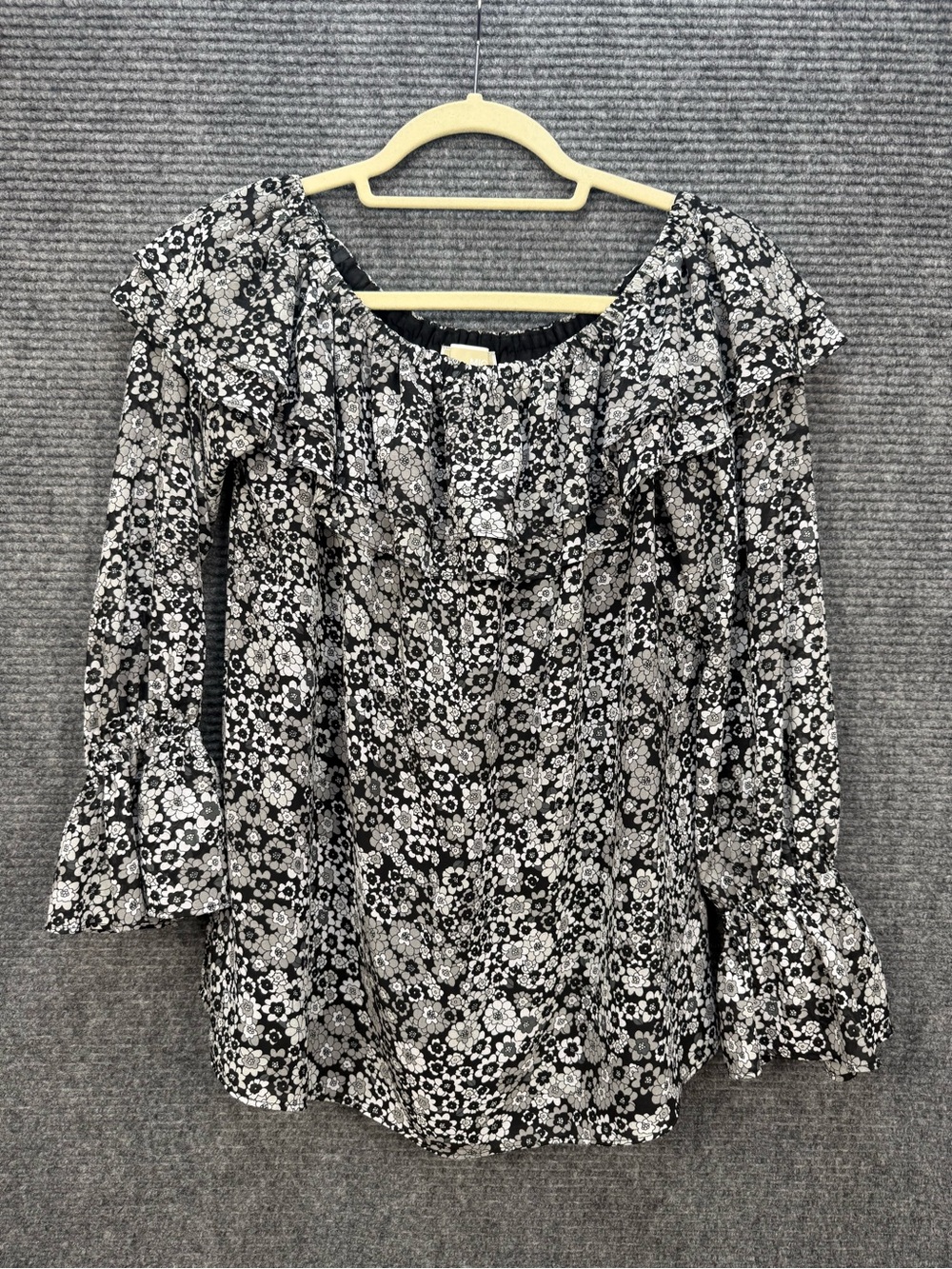 Michael Kors Womens Medium Off Shoulder Floral Blouse Bell Sleeve Lined Black
